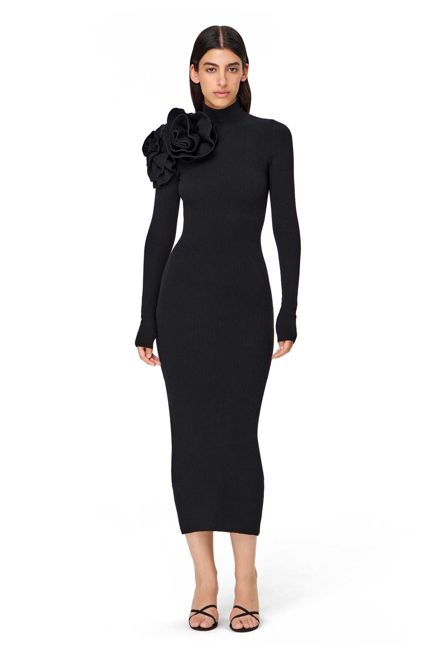 KNITTED COUTURE LONG SLEEVES DRESS FLOWER DECOR ON THE SHOULDER BLACK