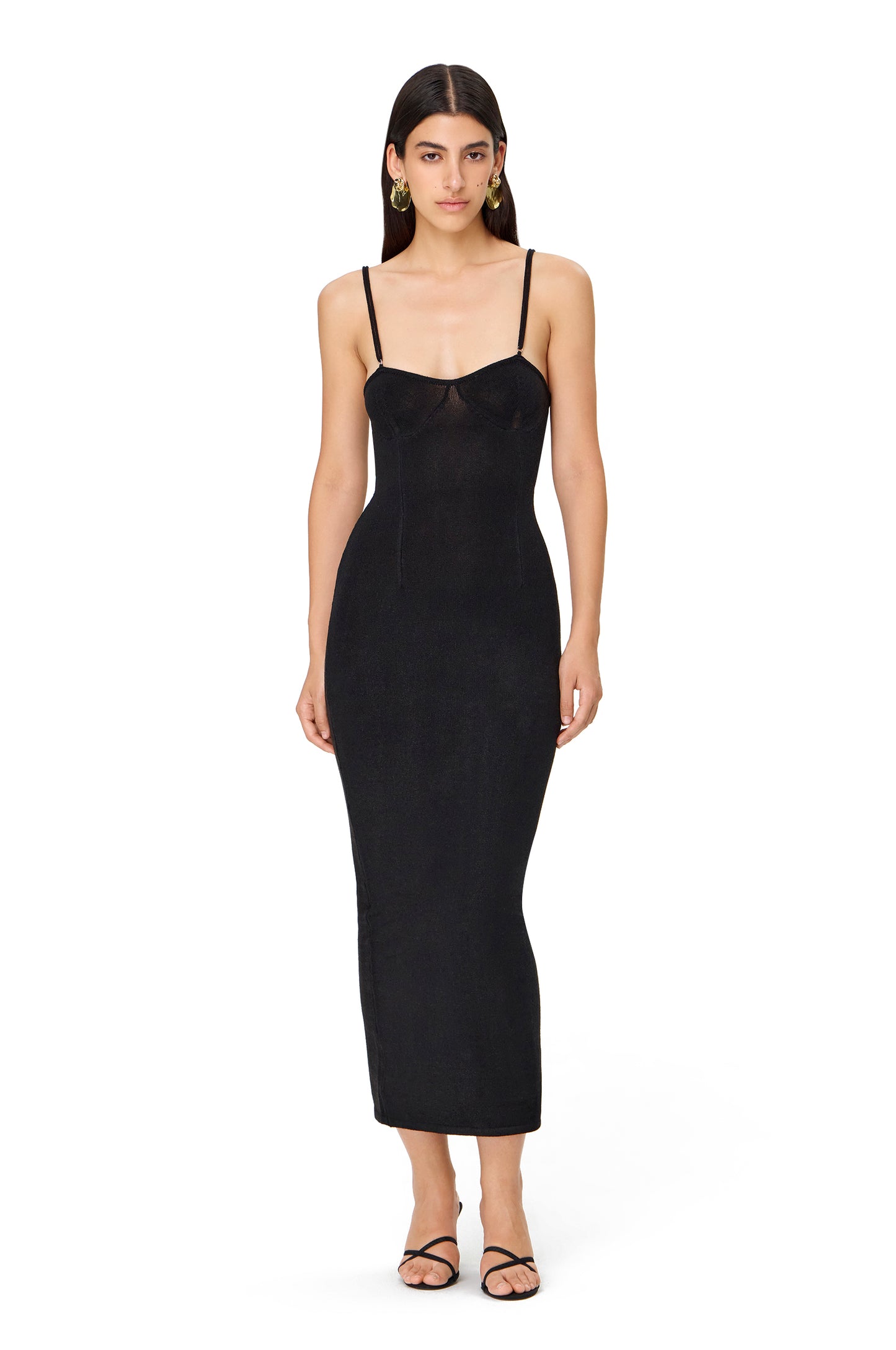 KNITTED MAXI DRESS WITH THIN LONG STRAPS AND HIGHLIGHTED BRA BLACK