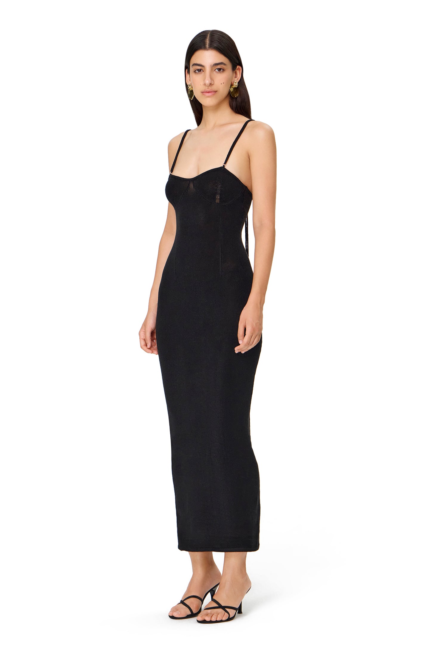 KNITTED MAXI DRESS WITH THIN LONG STRAPS AND HIGHLIGHTED BRA BLACK