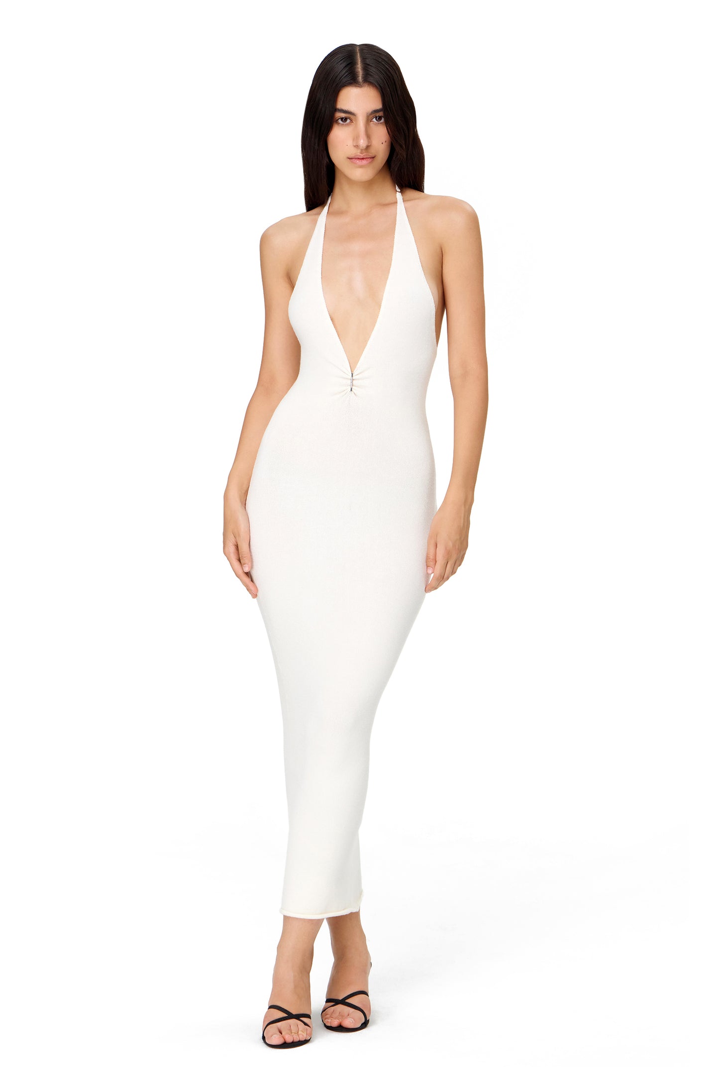 KNITTED MAXI DRESS WITH DEEP NECKLINE OPEN BACK WHITE