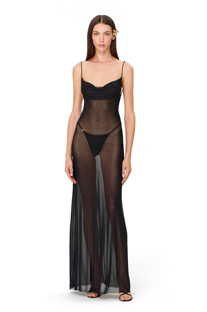 MESH MAXI DRESS WITH CRYSTALS BLACK