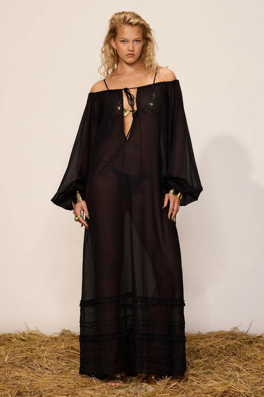 COTTON THIN MAXI DRESS WITH BALLOON SLEEVES AND DEEP FRONT TIE NECKLINE BLACK