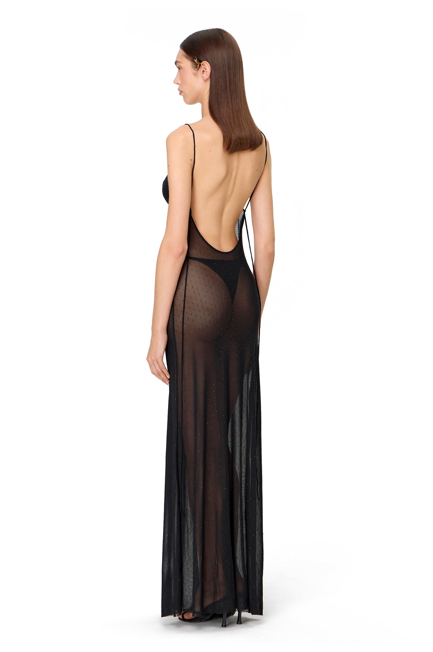 MESH MAXI DRESS WITH CRYSTALS BLACK