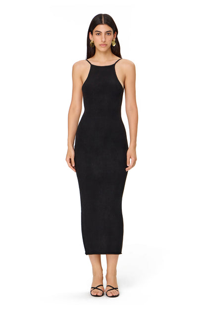 KNITTED MIDI DRESS WITH OPEN BACK BLACK