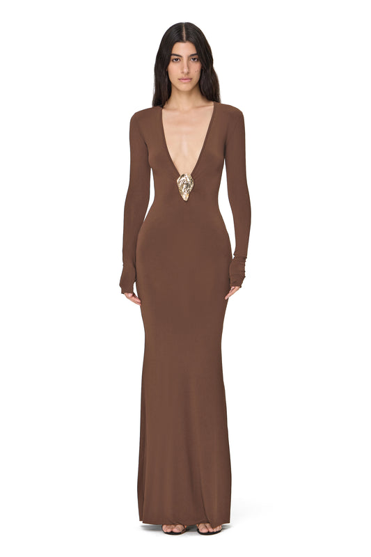 LYCRA LONG SLEEVE MAXI DRESS DEEP NECKLINE METAL SHELL DECOR CHOCOLATE