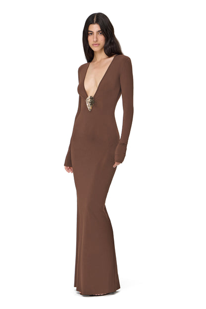 LYCRA LONG SLEEVE MAXI DRESS DEEP NECKLINE METAL SHELL DECOR CHOCOLATE