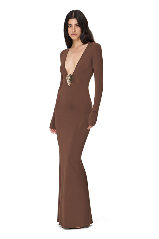 LYCRA LONG SLEEVE MAXI DRESS DEEP NECKLINE METAL SHELL DECOR CHOCOLATE