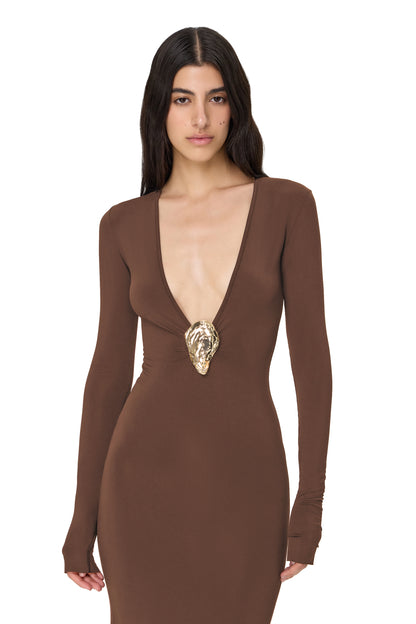 LYCRA LONG SLEEVE MAXI DRESS DEEP NECKLINE METAL SHELL DECOR CHOCOLATE