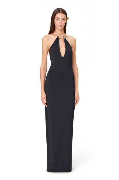 LYCRA MAXI DRESS WITH METAL FRANGIPANI CHOCKER BLACK