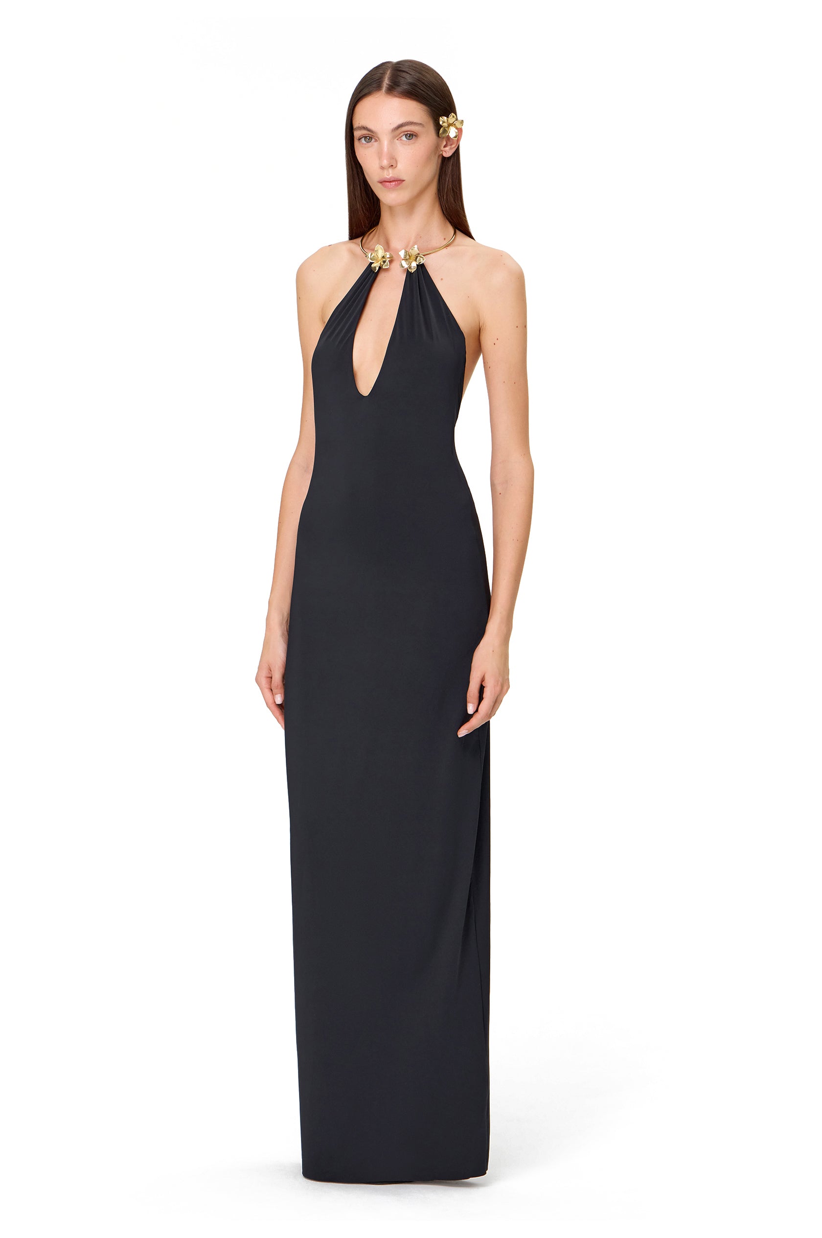 LYCRA MAXI DRESS WITH METAL FRANGIPANI CHOCKER BLACK – KOROBEYNIKOV