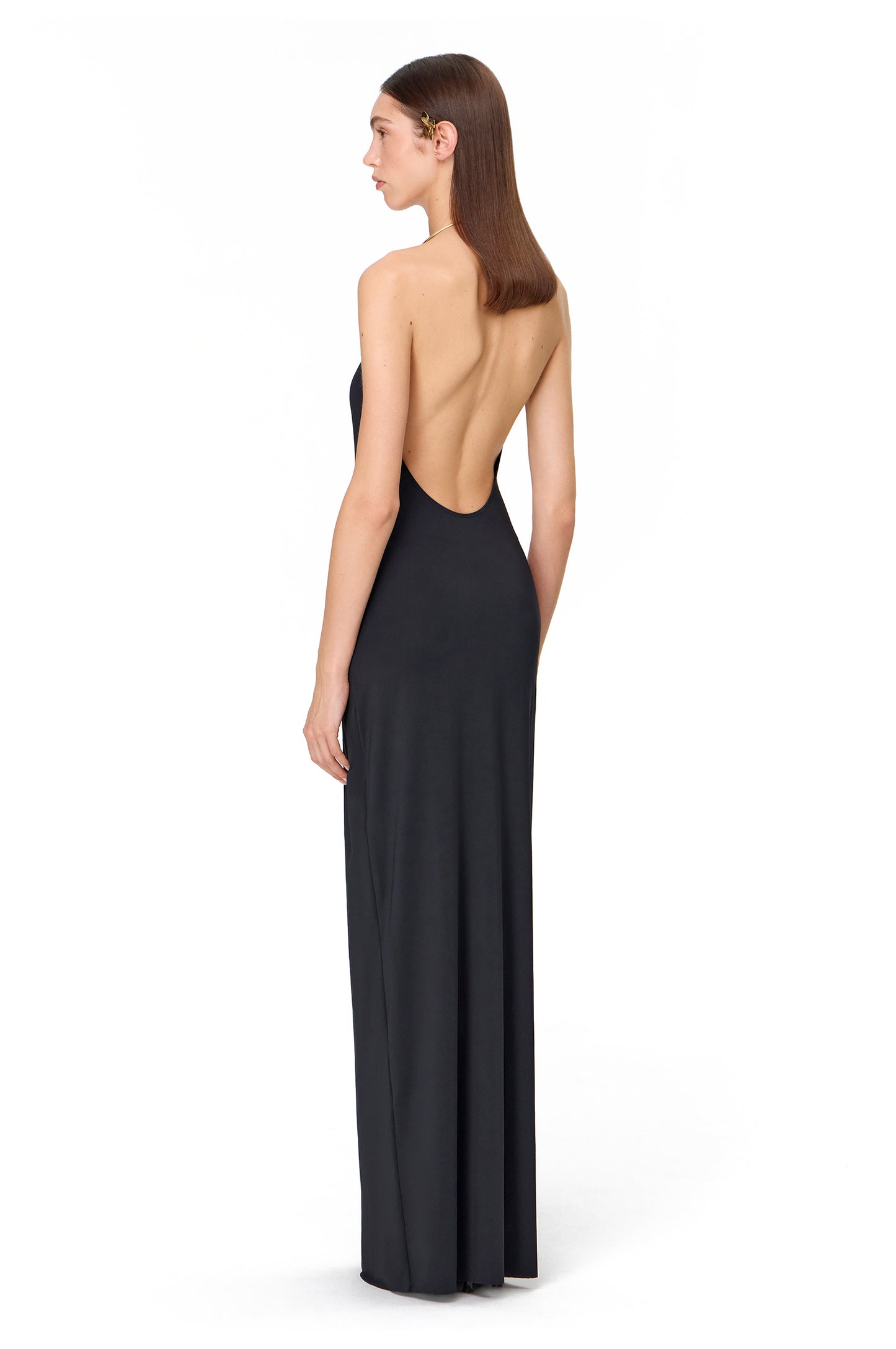 LYCRA MAXI DRESS WITH METAL FRANGIPANI CHOCKER BLACK