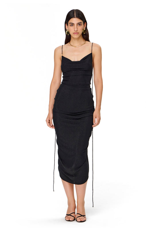 SHIMMERING JERSEY STRAPPY DRESS WITH BACK GATHERING BLACK