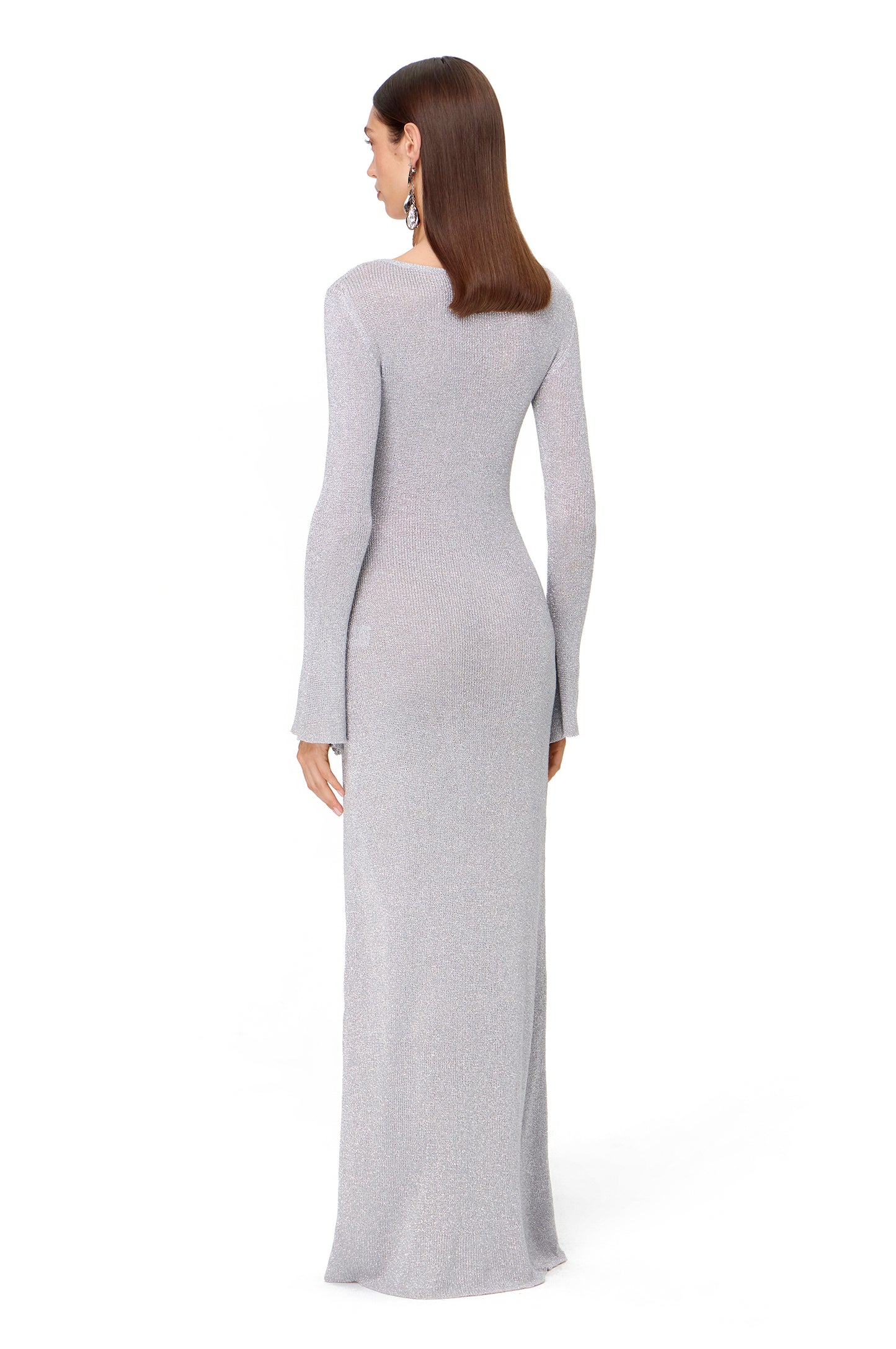 KNITTED MAXI LONG SLEEVES THIN DRESS WITH HIGH SLIT LUREX SILVER