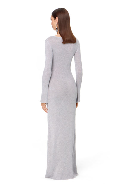 KNITTED MAXI LONG SLEEVES THIN DRESS WITH HIGH SLIT LUREX SILVER