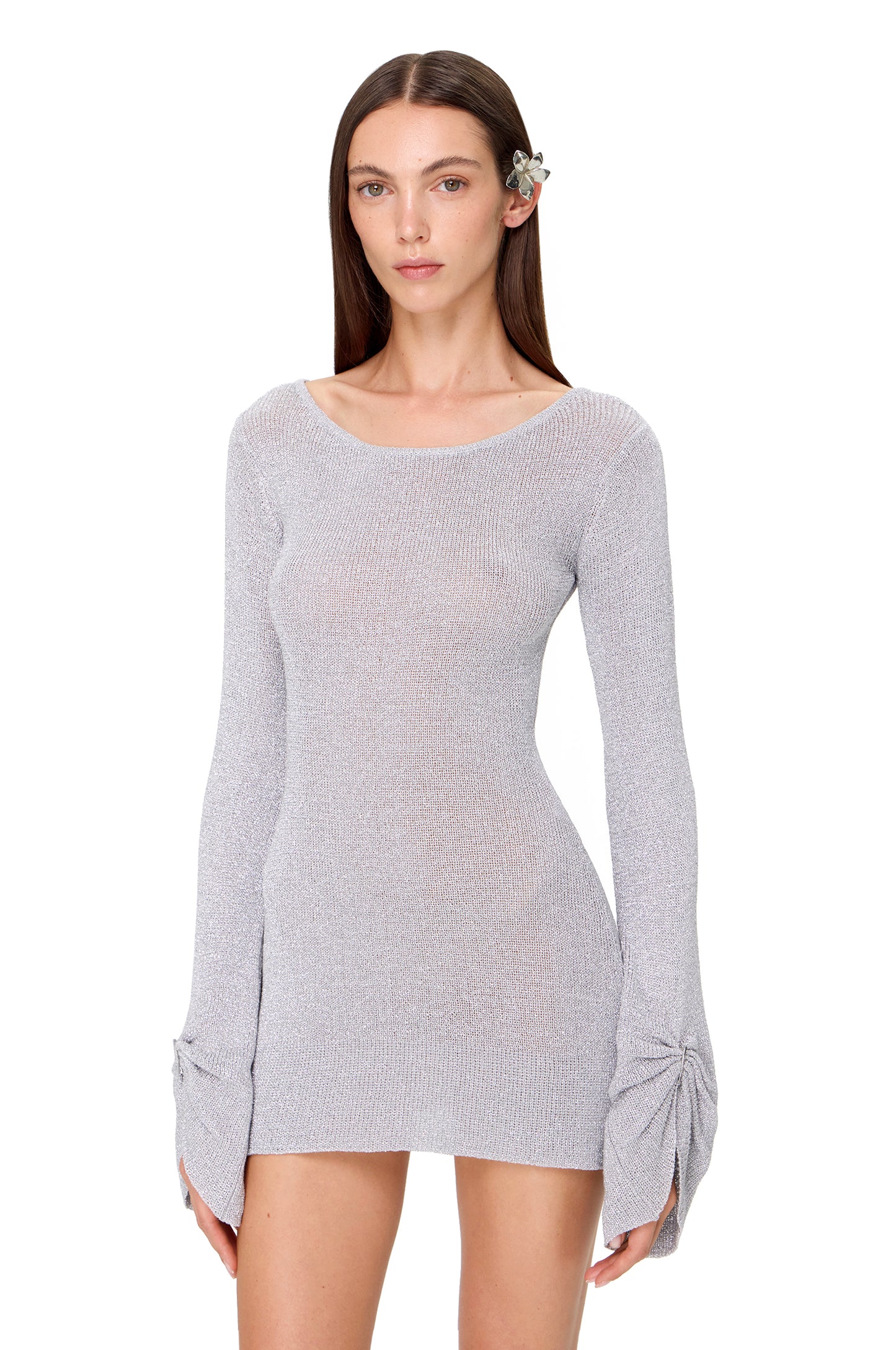 KNITTED MINI THIN DRESS WITH PINS ON THE SLEEVES LUREX SILVER