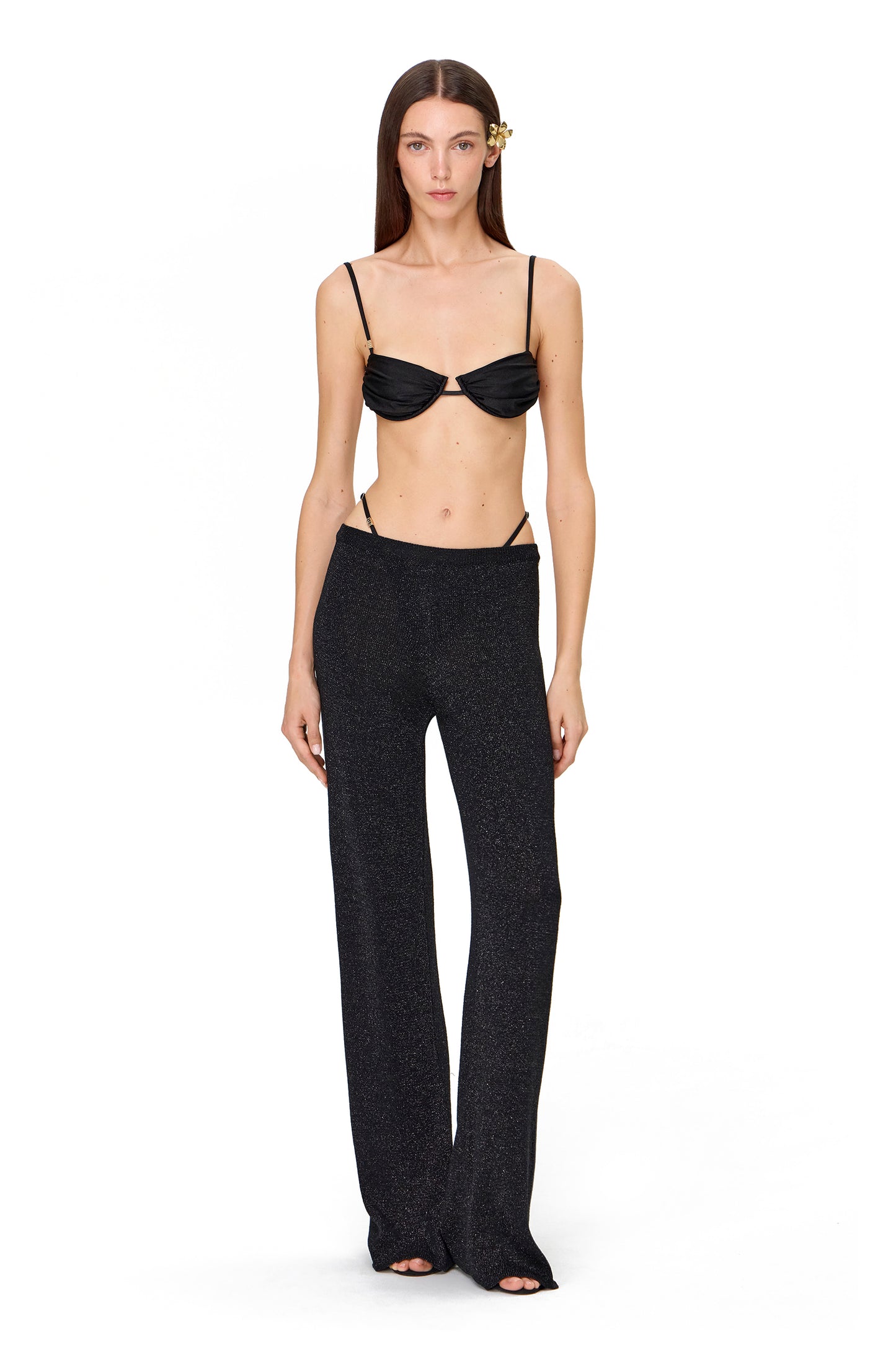 LONG STRAIGHT KNITTED LUREX PANTS ON ELASTIC BAND BLACK