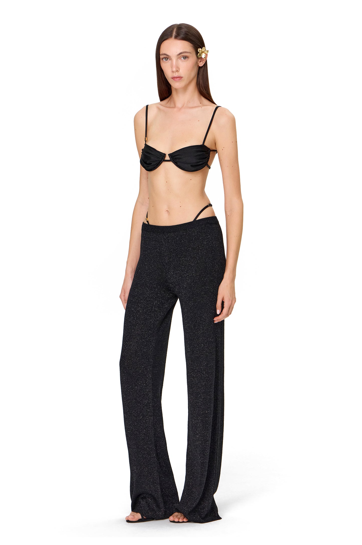 LONG STRAIGHT KNITTED LUREX PANTS ON ELASTIC BAND BLACK