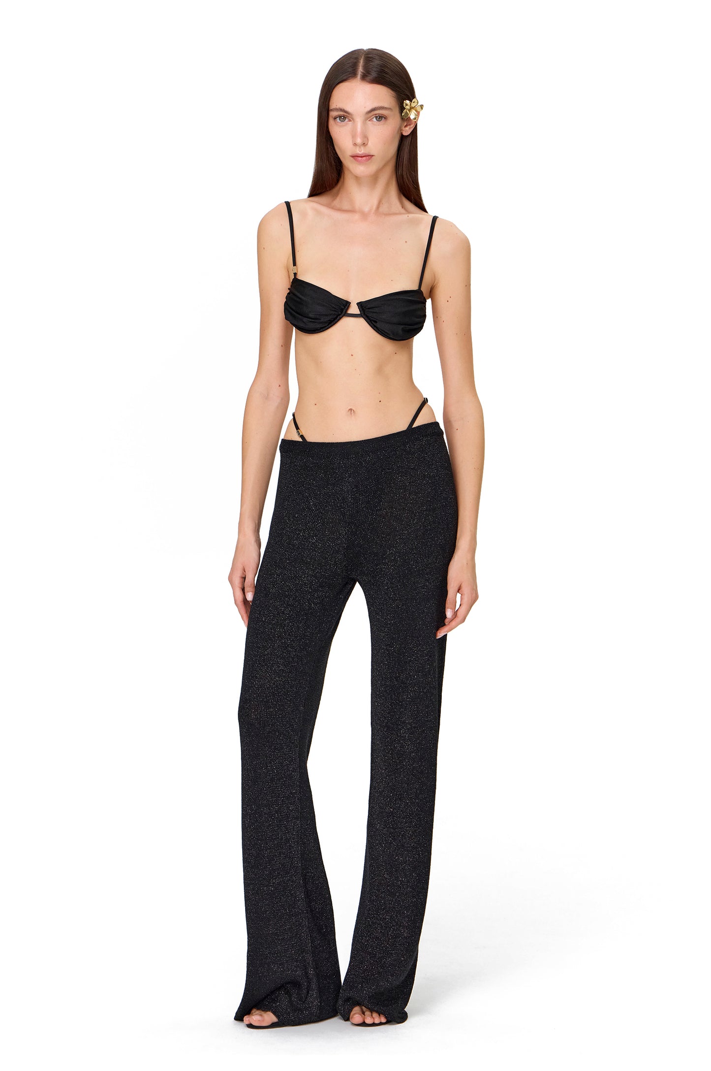 LONG STRAIGHT KNITTED LUREX PANTS ON ELASTIC BAND BLACK