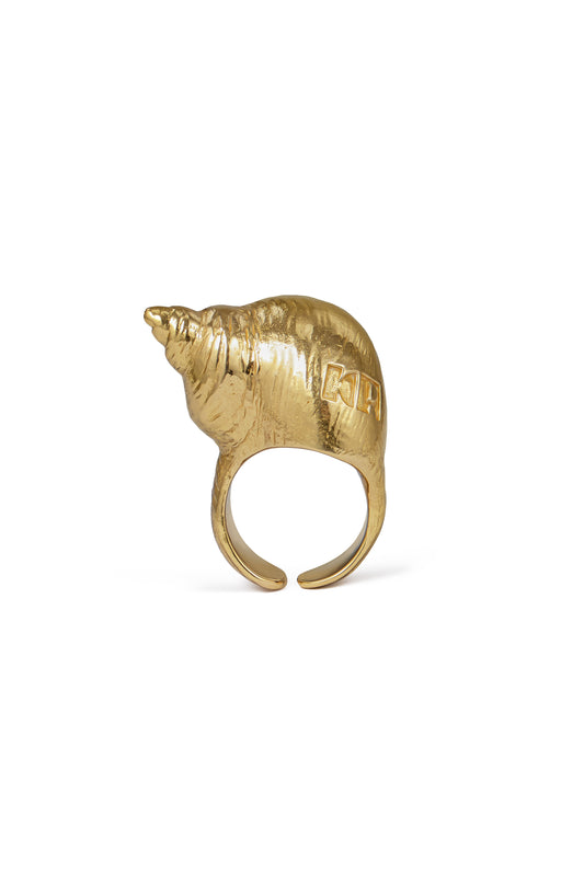 HANDCRAFTED METAL SNAIL RING WITH KR LOGO, GOLD COLOR, ONE SIZE