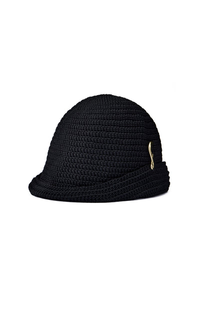 KNITTED HANDMADE MEDIUM RETRO STYLE CAP WITH SMALL HOOK DECOR COLOR BLACK