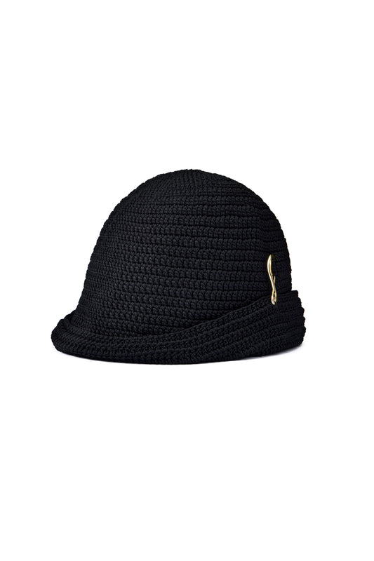 KNITTED HANDMADE MEDIUM RETRO STYLE CAP WITH SMALL HOOK DECOR COLOR BLACK