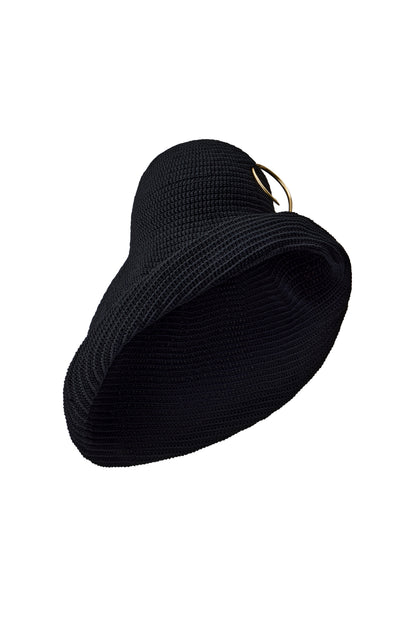KNITTED HANDMADE BIG HAT WITH BIG METAL HOOK DECOR COLOR BLACK