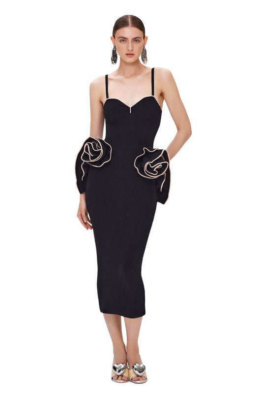 OFF-SHOULDER KNITTED MIDI COUTURE DRESS WITH FLOWER HIPS DECOR