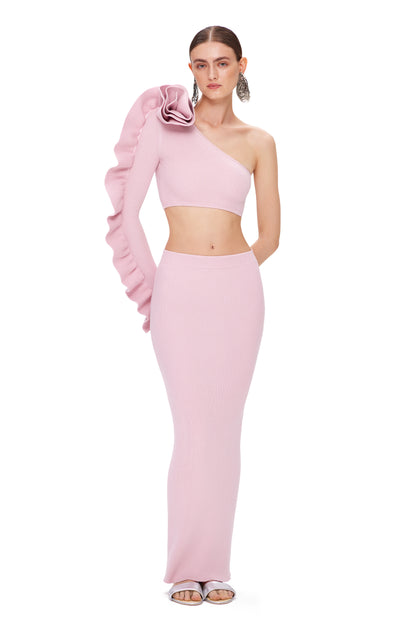 KNITTED ASYMMETRIC COUTURE TOP WITH LONG SLEEVE AND FLOWER DECOR