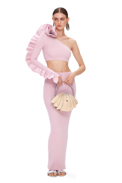 KNITTED ASYMMETRIC COUTURE TOP WITH LONG SLEEVE AND FLOWER DECOR
