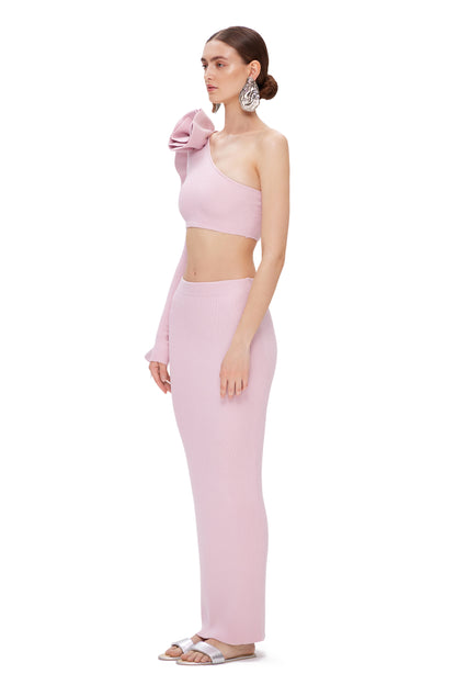 KNITTED ASYMMETRIC COUTURE TOP WITH LONG SLEEVE AND FLOWER DECOR