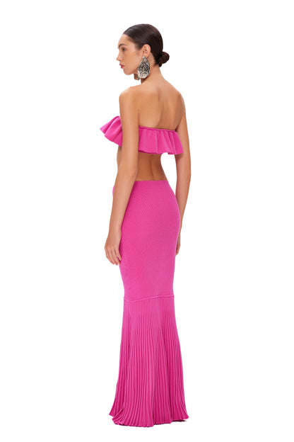KNITTED SUIT COUTURE TOP WITH WIDE RUCHE AND LONG SKIRT WITH PLISSE