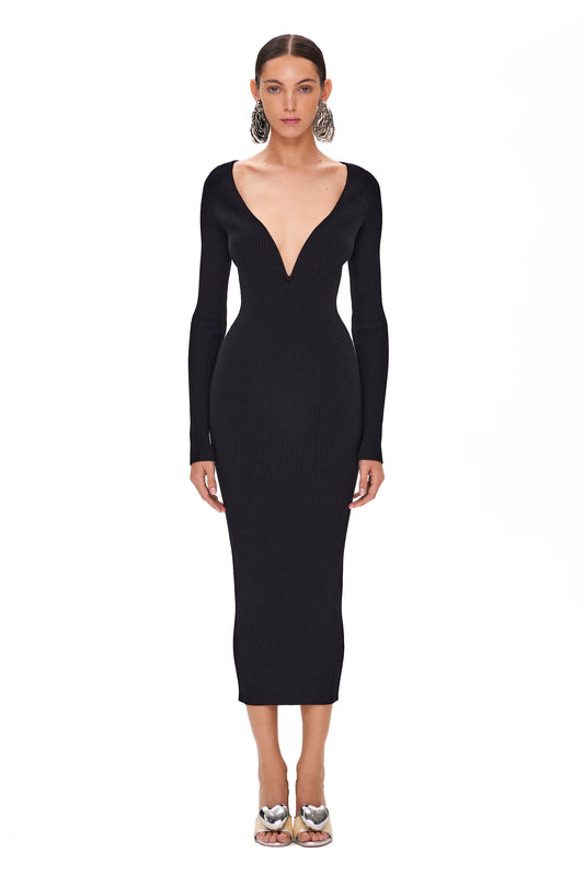 KNITTED COUTURE DRESS LONG-SLEEVES AND DEEP NECKLINE