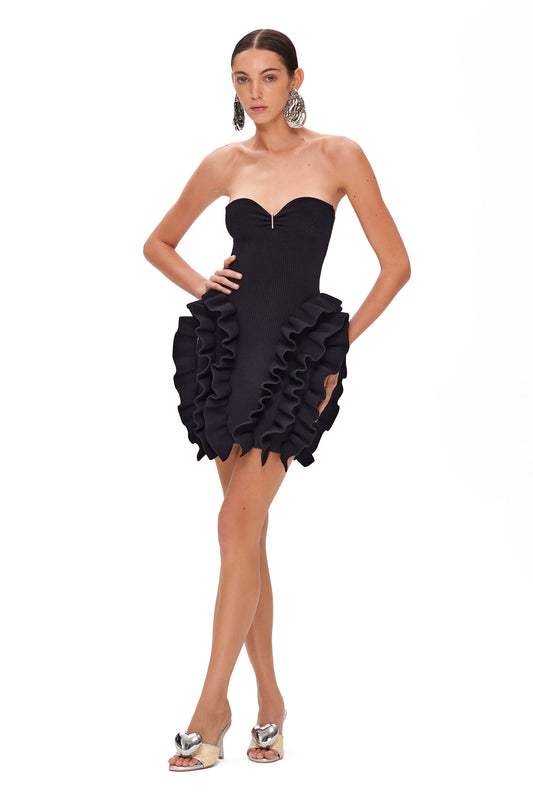 KNITTED COUTURE MINI DRESS WITH OPEN SHOULDERS AND RUFFLES ON HIPS "BLACK PEONY"