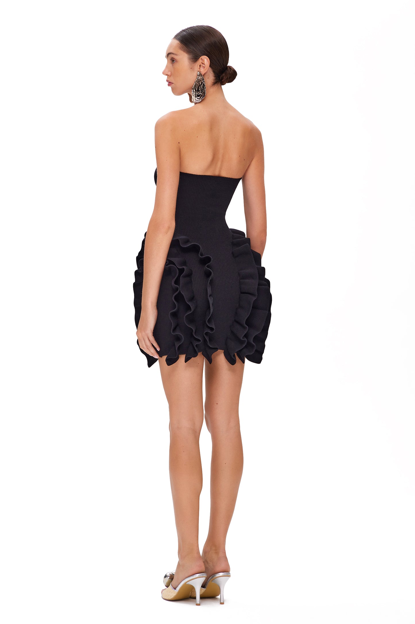 KNITTED COUTURE MINI DRESS WITH OPEN SHOULDERS AND RUFFLES ON HIPS "BLACK PEONY"