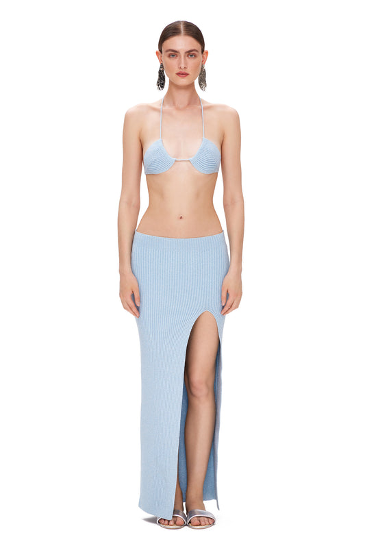 KNITTED SUIT BIKINI TOP AND HIGH SLIT SKIRT LUREX