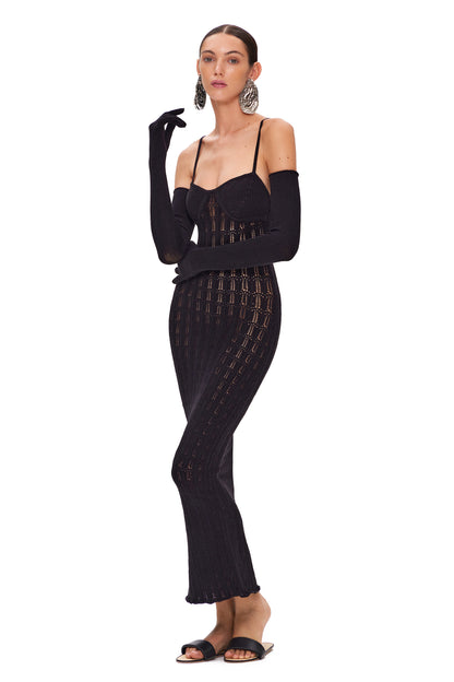 KNITTED LONG OPENWORK DRESS WITH THIN STRAPS AND HIGHLIGHTED BRA