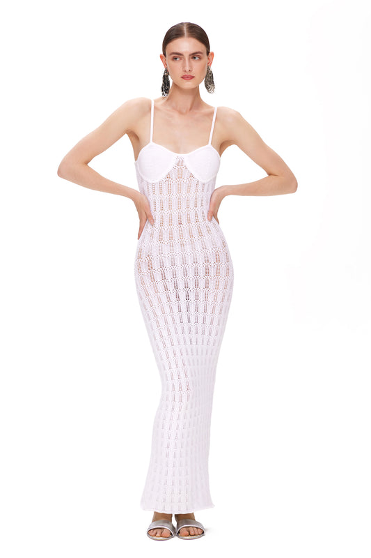 KNITTED LONG OPENWORK DRESS WITH THIN STRAPS AND HIGHLIGHTED BRA