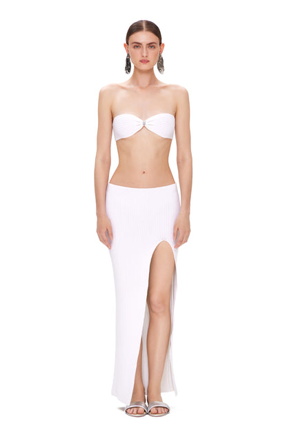 KNITTED SUIT TUBE TOP WITH METAL LOGO AND HIGH SLIT SKIRT