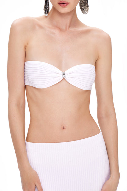 KNITTED SUIT TUBE TOP WITH METAL LOGO AND HIGH SLIT SKIRT