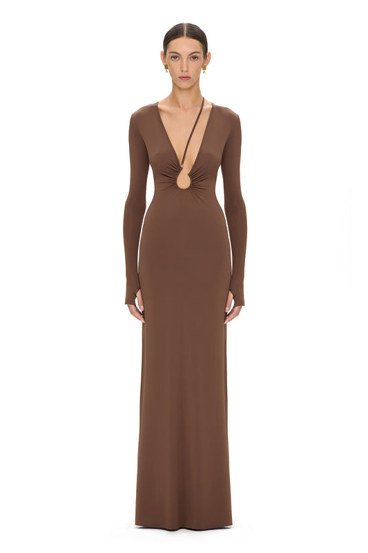 LYCRA LONG SLEEVE MAXI DRESS DEEP NECKLINE WITH METAL FISHER HOOK DECOR CHOCOLATE