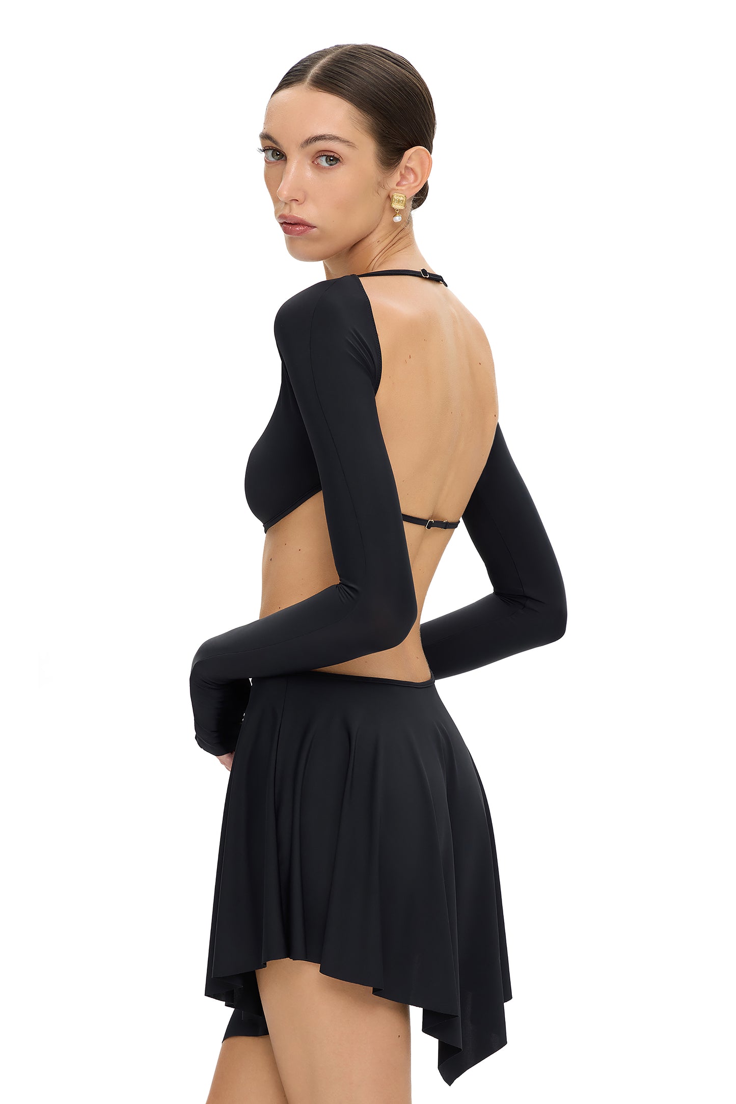 LYCRA LONG SLEEVE MINI DRESS WITH METAL HOOK DECOR BLACK