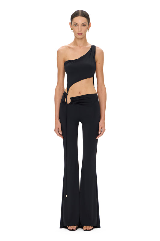 LYCRA SUIT ASYMMETRICAL TOP WITH BIG METAL HOOK DECOR AND HIGH WAIST TROUSERS BLACK