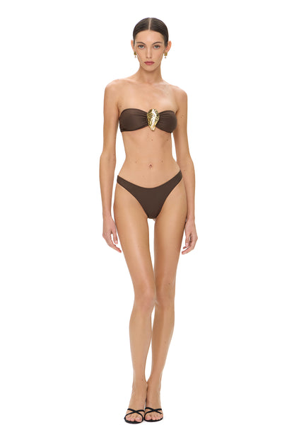 LYCRA BIKINI SET BANDEAU TOP AND BOTTOM METAL SHELL DECOR CHOCOLATE