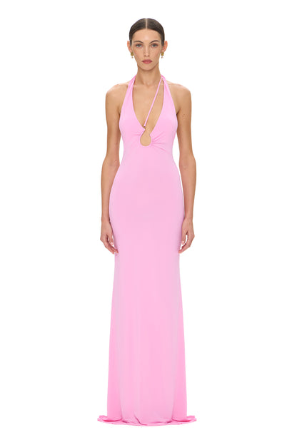 LYCRA MAXI DRESS OPEN SHOULDERS DEEP NECKLINE AND FISHING HOOK PINK