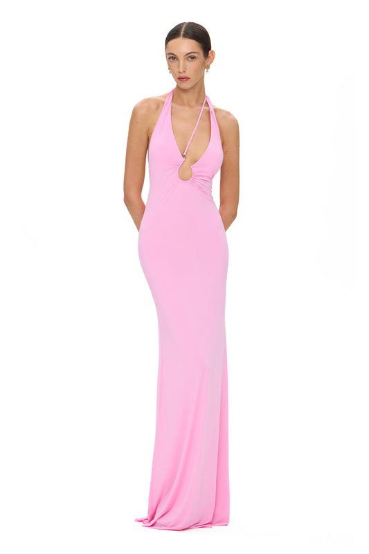 LYCRA MAXI DRESS OPEN SHOULDERS DEEP NECKLINE AND FISHING HOOK PINK