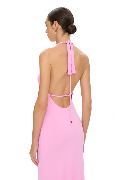 LYCRA MAXI DRESS OPEN SHOULDERS DEEP NECKLINE AND FISHING HOOK PINK