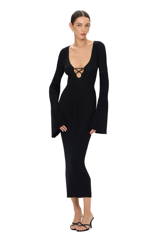 KNITTED MIDI DRESS WITH WIDE PLEATED LONG SLEEVES BLACK