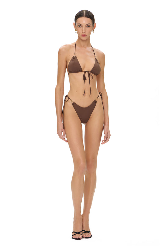 LYCRA BIKINI SET TOP AND BOTTOM METAL HOOK DECOR CHOCOLATE
