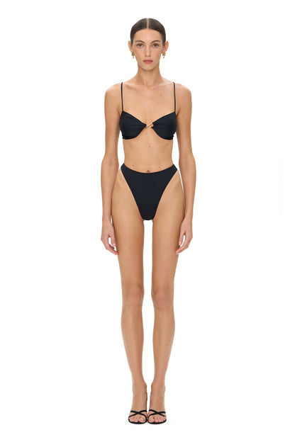 LYCRA BIKINI SET TOP AND BOTTOM METAL HOOK DECOR BLACK