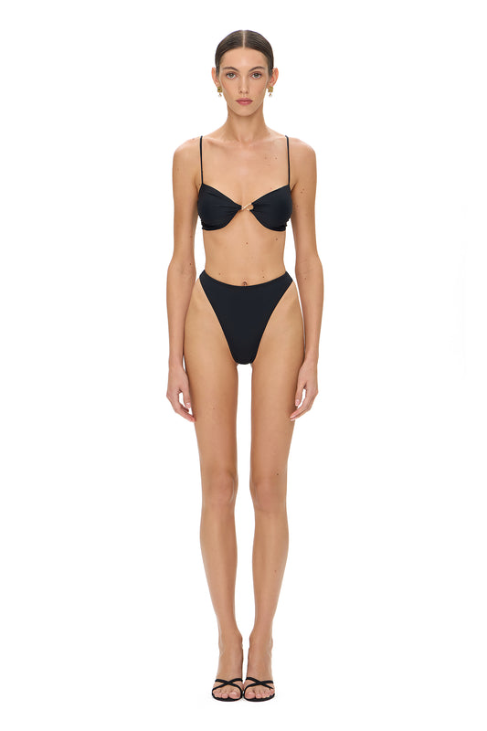 LYCRA BIKINI SET TOP AND BOTTOM METAL HOOK DECOR BLACK